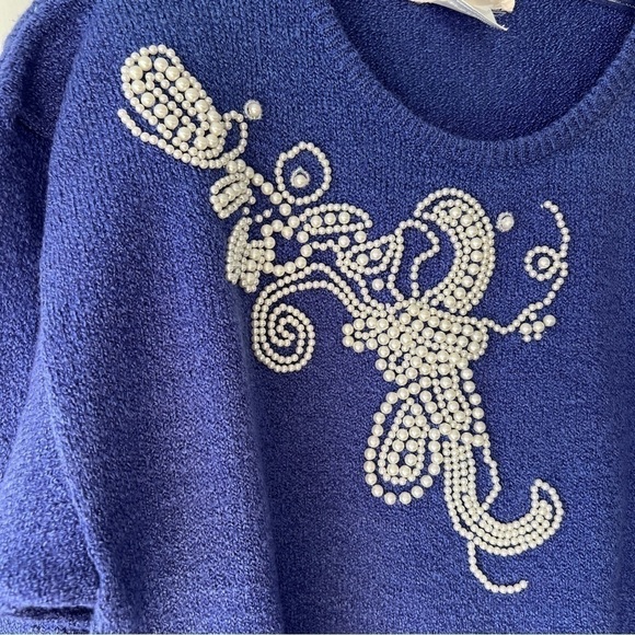 Vintage 80s Cobalt Blue Beaded Pearl Knit Pullover Crewneck Sweater - Picture 4 of 16